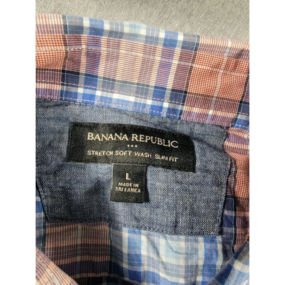 BANANA REPUBLIC Men's Blue/Red Plaid Slim-Fit Soft-Wash Stretch Shirt Button Up‎